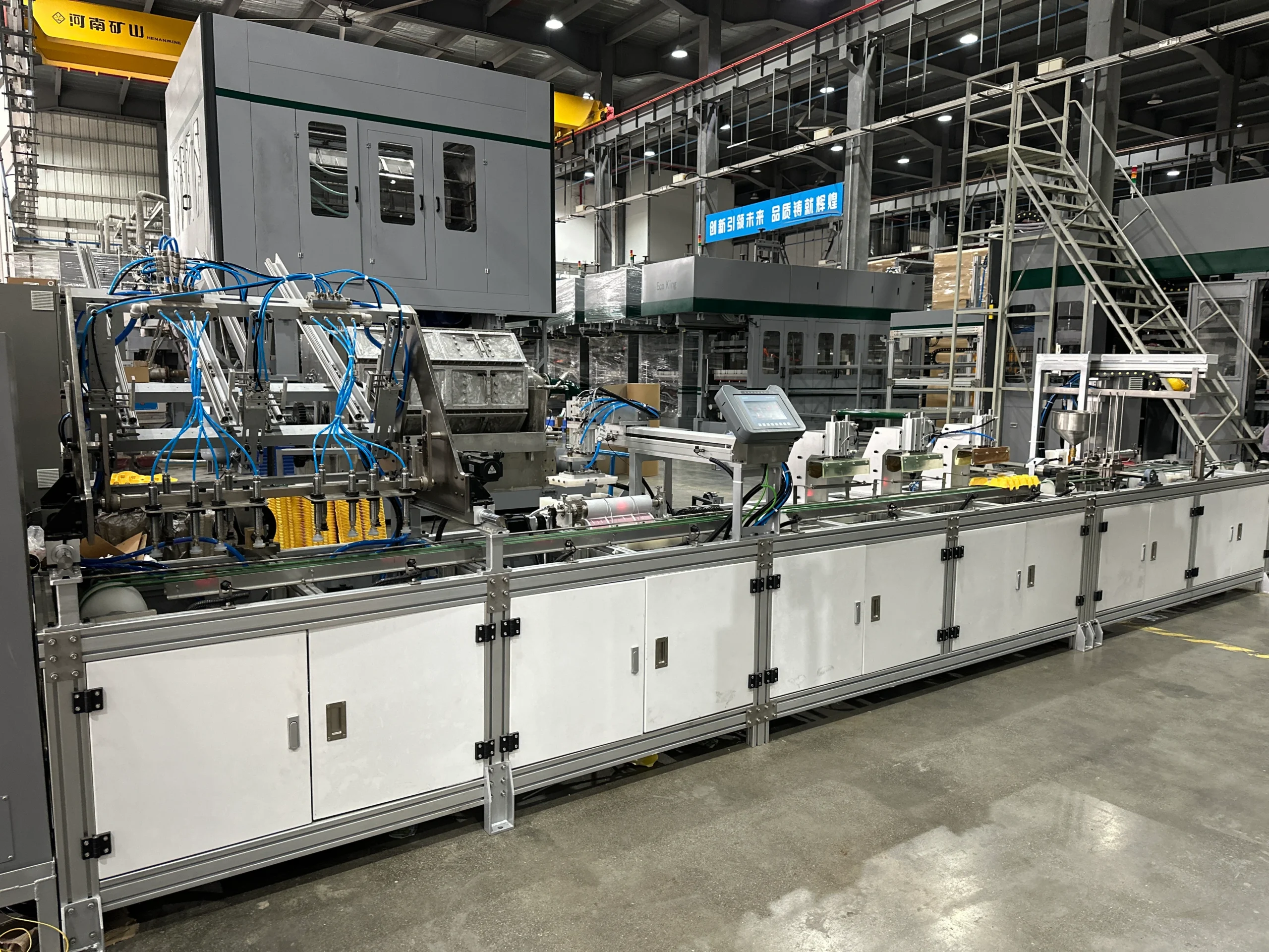 Automatic egg carton sticker labeling machine in operation on a production line